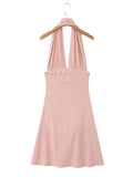 Vacation Pink Backless Mini Dress Female Plunge Neck Sleeveless Slimming Asymmetrical Hem for Urban Street Style