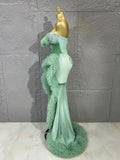 Sexy Mermaid Evening Dress Mint Green Fold Tulle Ruffle Train Rhinestone FoldFormal Gown For Women Pageant Performance Costume