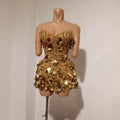 Sparkly Gold Rhinestone Sequins Sexy Strapless Mesh See Through Mini Dress Women Eveing Birthday Party Nightclub Stage Costume