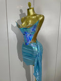 Sparkly Gold Sequin Sexy Top Two Pieces Set 2025 Women Celebrate Party Birthday NightClub Performance Dancer Show Stage Outfit