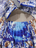 Fashionable Retro Printed Short Dresses for Women Deep Neck Ruffles Sleeve High Waist Patchwork Puff Dress Female Clothing