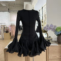 Elegant Design Flower Bud Buckle Long Sleeved Solid Color Slim Fit Short Dress For Women 2024 Spring Summer New Collection