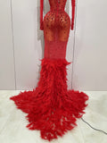 New Sexy Sparkling Red Crystals Feathers Long Sleeve Mermaid Maxi Dress Women Wedding Celebrate Luxury Birthday Party Prom Gown