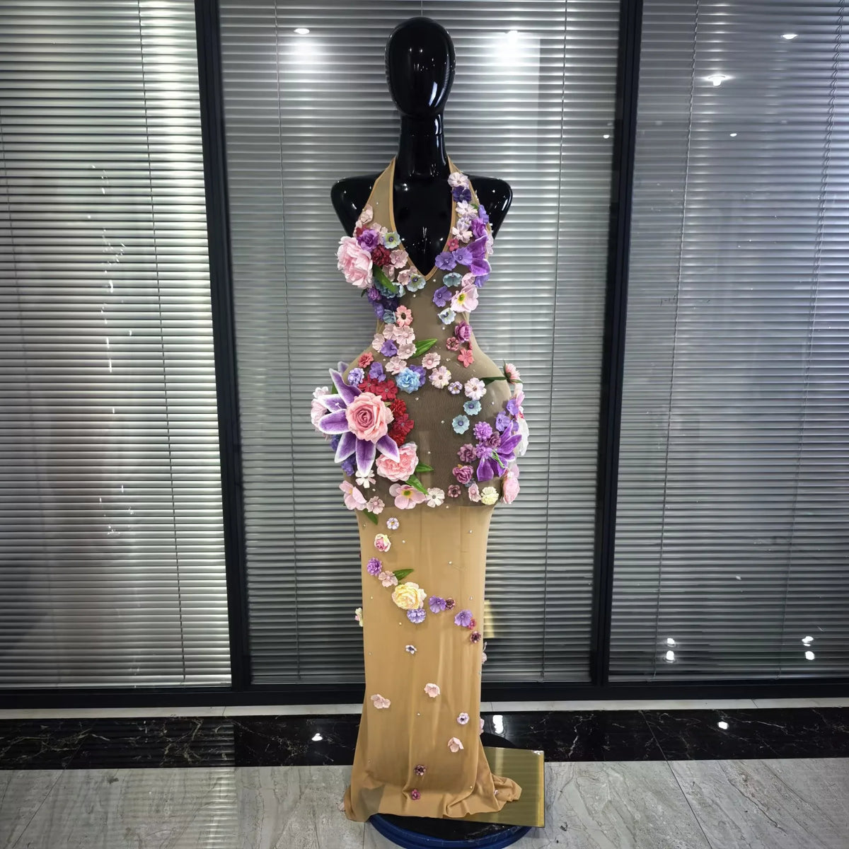 Black Khaki Women Sexy Halter Backless 3D Flowers Bodycon Long Maxi Dress Celebrate Evening Party Performance Costumes Wear