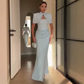 Satin Mermaid Maxi Dress Women Shoulder Pad Cutout Stand Collar Ruched Bodycon Evening Gown Wedding Prom New Hot Luxe Gowns 2026