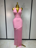 Women Sleeveless Sexy V-neck Tassel Bodycon Bandage Dress Celebrity Elegant Evening Party High Quality Club Birthday Dress