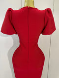 Shiny Bow Sexy Cut Out Short Sleeve Red Bodycon Bandage Long Dress Women Evening Party Celebrate Birthday Knitted Club Prom Gown