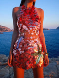 Women Orange Sequin Mini Dress Starfish Fish Applique Sheer Backless Halter Mesh Short Dress Lady Beach Party Vacation Vestidos