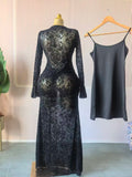 Women Long Sleeve Stacked Mesh with Lining Bodycon Cocktail Long Dress  Autumn Evening Birthday Sexy Party Dresses