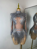 Sparkly Crystal Diamond Sexy Sheer See Through Shining Tassels Dress Long Sleeve Prom Dress Birthday Party Performance Dress