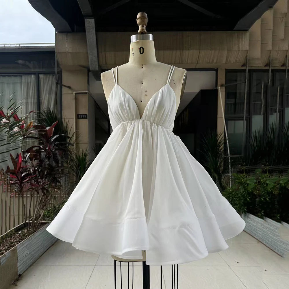 2026 New Sexy Deep V-Neck Spaghetti Strap Pleated Puffy Dress For Women Female Lace Up Backless Solid Short Dress