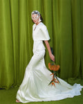 Custom White Satin Cape Sleeve Mermaid Wedding Dress Floor Length Bridal Gown Elegant Formal Evening Occasion Wear