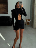 Black Hollow Out Mini Dress Women Chic Long Sleeves Waist Cinching Slim Short Dresses Lady Fashion Evening Party Vestidos