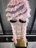 New Arrival Women Pink Rhinestones Mesh Ruffles Sexy Laced-up Long Maxi Dress Birthday Photoshoot Wear Cocktail Party Cute Dress