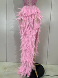 Women Sexy Elegant Evening Party Luxury Birthday Photo Shoot Performance Costume Sparkly Rhinestone Feather Mesh Long Dress
