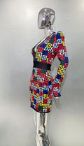 Women's Colorful Printed Jacquard Glam Deep V Mini Dress Fashion Hot Socialite Party Evening Performance Gown Robes Bal De Promo