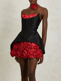 Sexy Party Spliced 3D Rose Dress for Women Strapless Sleeveless High Waist Hit Color Tutu Dresses with Necklace Female New
