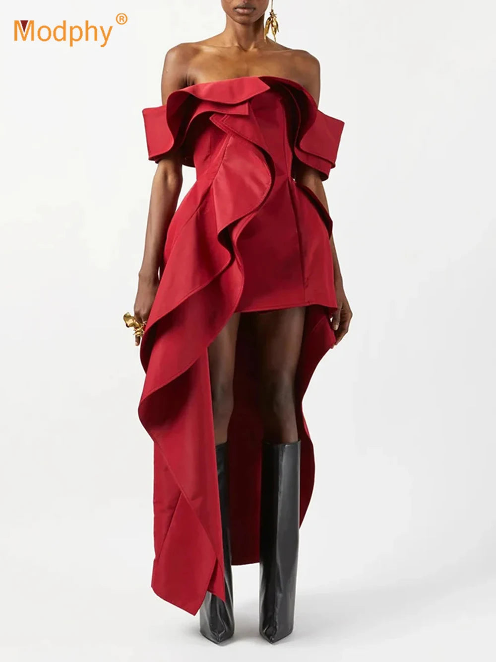 Red Sexy Off Shoulder Ruffle Slim Irregular Long Dress 2026 New Red Fashion Evening Party Trendy Clothing