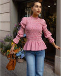 Solid Spliced Folds Slimming Blouses for Women O Neck Long Sleeve Temperament Minimalist Shirts Female New