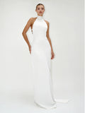 Elegant Solid Ribbon Women Halter Dress Off Shoulder Pearl Chain Backless Slim Female Maxi Dresses Wedding Gowns Chic Lady Robe
