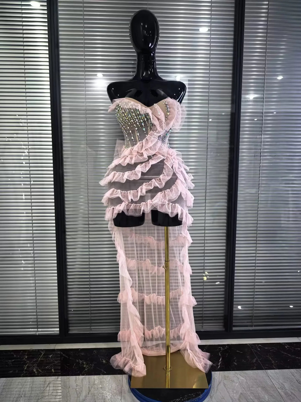 New Arrival Women Pink Rhinestones Mesh Ruffles Sexy Laced-up Long Maxi Dress Birthday Photoshoot Wear Cocktail Party Cute Dress