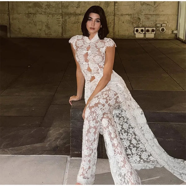 Elegant Women's Lace See Through Long Pants Set Slim Sleeveless Slit Buttons Top Wide Leg Pant 2026 Summer Lady Solid Color Suit