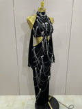 2025 Women Sparkly Diamonds Tassels Chain Balck Sexy Halter Backless Long Dress Evening Birthday Party Celebrate Stage Costume