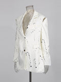 Ink Splashing Print Fashion Blazer for Women Notched Collar Long Sleeve Hollow Out Design Loose Coat Female Autumn