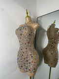 Sparkly Colorful Diamond Sexy Black Sheer See Through Dress Girls Mini Short Prom Dress Birthday Party Club Performance Dress