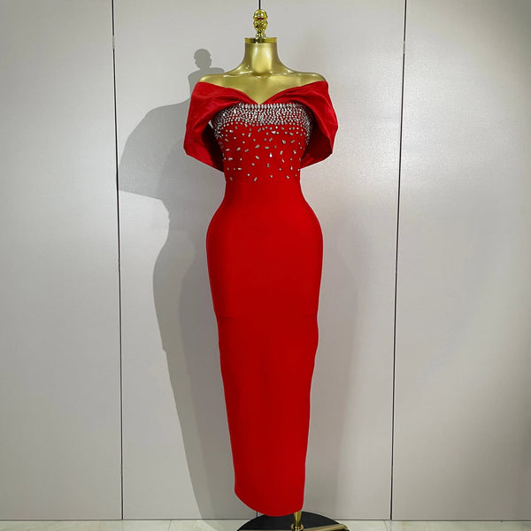 Elegant Sexy Off Shoulder Shiny Beading Bodycon Bandage Dress Women Celebrity Evening Club Party Luxury Birthday Dresses