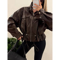 Elastic Drawstring Leather Jacket Zipper Stand Collar Long Sleeved Short Jackets Lady 2026 Autumn Women Chic Street Outerwear