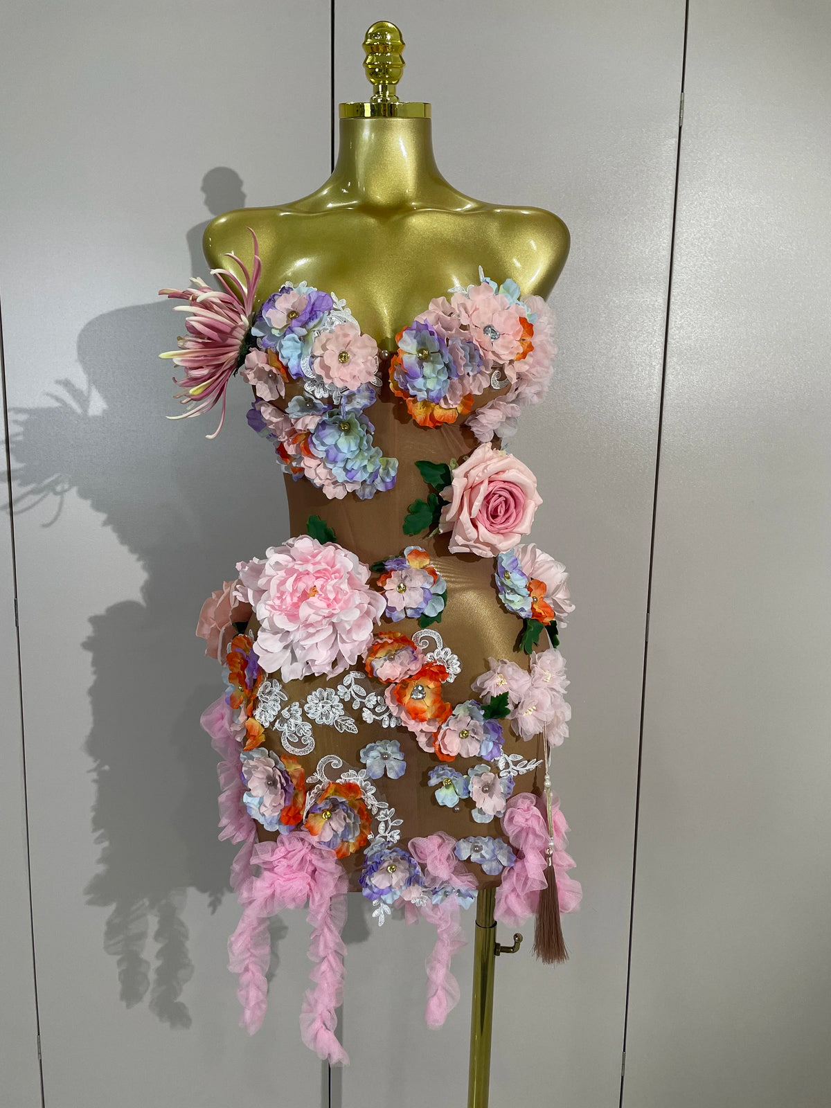 Luxury Rhinestone 3D Floral Tassel Mesh Mini Dress Evening Party Birthday Prom PhotoShoot Nightclub Drag Queen Sexy Stage Outfit