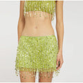 Women's Lime Green Sequined skirts Set 2 pieces sexy Spaghetti Strap Crop Top Mini Skirt with Tassel Lady Party Outfits
