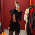 Lady Black Hollow Out Mini Dress Women's Long Sleeve Sexy High Collar Slim A-line Dresses 2025 Evening Party Club Gowns Autumn