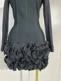 Women Sexy Red 3D Rose Flowers Bandage Mini Dress Mesh Long Sleeve Evening Prom Birthday Party Photo Shoot Cocktail Party Dress