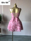 Women Rose Floral Spaghetti Strap Lace Up Back Midi Mini A-line Dress 2026 Street Birthday Party Dresses Trendy Vestidos
