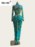 Tie Dye Printed Women Set Wrap Crop Top + Ruched Maxi Skirt 2026 Summer Beach Vacation Birthday Two Piece Set Outfits