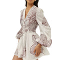 Casual V Neck Floral Embroidery Puff Long Sleeves Mini Dress for Women Lace Trim Button Front Dresses for Summer Vacation
