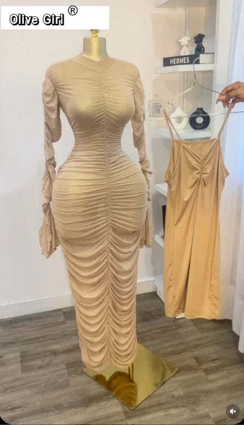 Women Flare Long Sleeve Stacked Ruched Mesh See Though with Tank Dress Maxi Long Dress 2025 Birthday Sexy Party Dresses