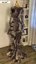 Women Tie Dye Printed Skew Neck Flare Long Sleeve Ruched Stacked Maxi Long Dress  Summer Birthday Sexy Party Dresses