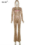 Leopard Letter Print 2 Piece Set Women Tracksuit Sporty Casual Hooded Crop Jacket+Flare Pants Stretch Matching Suits