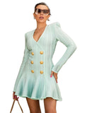 2026 New Spring Fashion Mint Color Women Lion Button Sexy V-neck A-Line Mini Rayon Bandage Dress Fashion Elegant Party Dresses