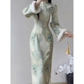 Dress Cheongsam 2026 New Winter Outfit Young Style Girl High-end Temperament Green Long Style Plus Velvet Dress