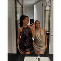 Hot Diamond Swinging Neck Halter Mini Dress Women Sexy Sleeveless Backless Waist Cinching Dresses Lady Chic Vacation Party Gown