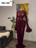 Women Flare Long Sleeve Stacked Dot Mesh See Though with Lining Maxi Long Dress 2025 Evening Birthday Sexy Party Dresses