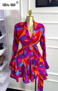 Women Tie Dye Print Flare Long Sleeve Wrap V-neck with Sashes Ruffle Dress 2026 Elegant Vacation Party Birthday Dresses