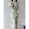 Dress Cheongsam 2026 New Winter Outfit Young Style Girl High-end Temperament Green Long Style Plus Velvet Dress