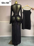 Women Flare Long Sleeve Stacked Dot Mesh See Though with Lining Maxi Long Dress 2025 Evening Birthday Sexy Party Dresses