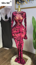 Women Long Sleeve Stacked Mesh See Though with Lining Bodycon Long Dress 2025 Autumn Evening Birthday Sexy Party Dresses