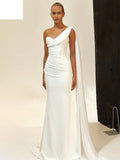 Customized White One Shoulder Wedding Dresses Sleeveless Floor-Length Bridal Gowns Elegant Mermaid Satin Wedding Gowns